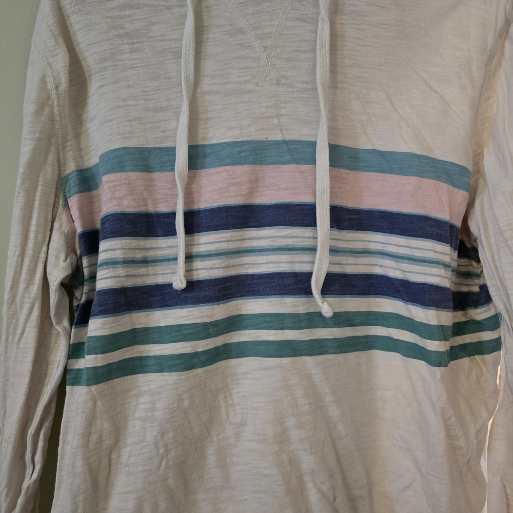 American Eagle Outfitters White Hooded Shirt with Blue, Teal & Pink Stripes